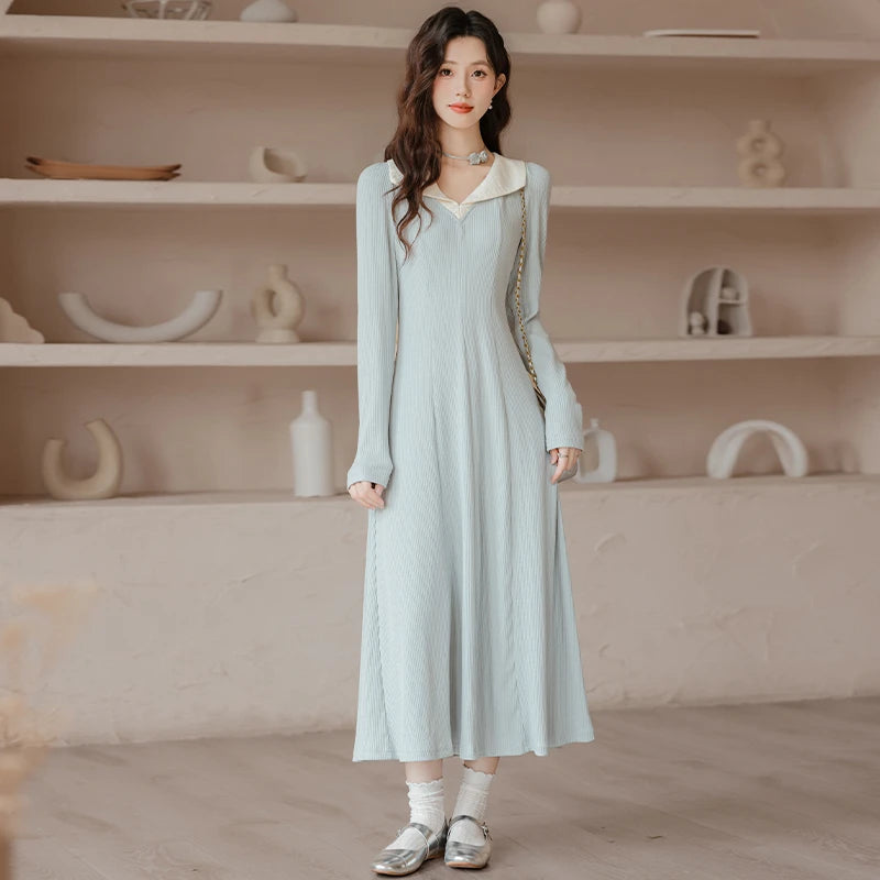 Clashing Collar Long Sleeve Dress