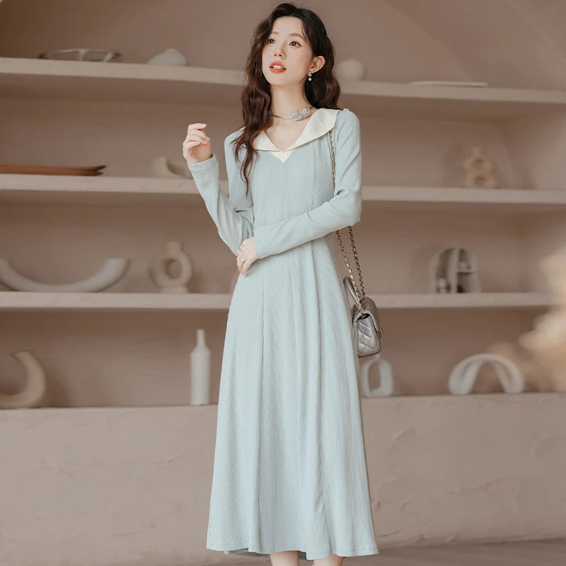 Clashing Collar Long Sleeve Dress