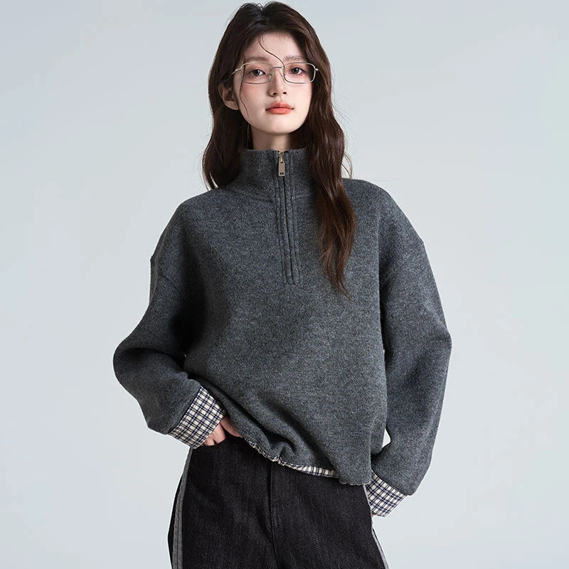 Standing Collar Padded Zipper Sweater