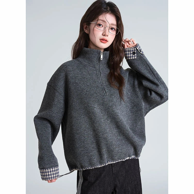 Standing Collar Padded Zipper Sweater