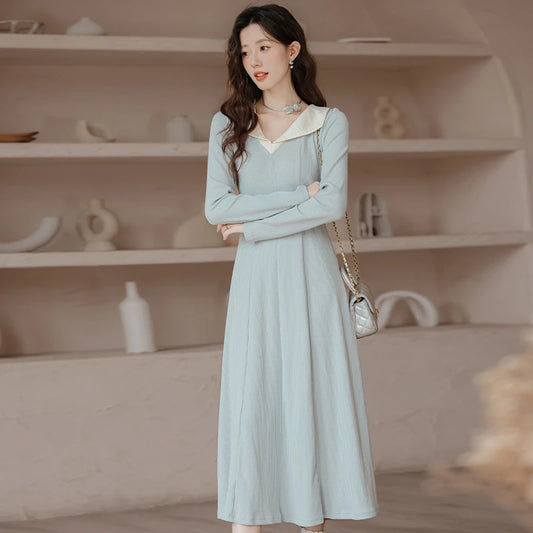 Clashing Collar Long Sleeve Dress