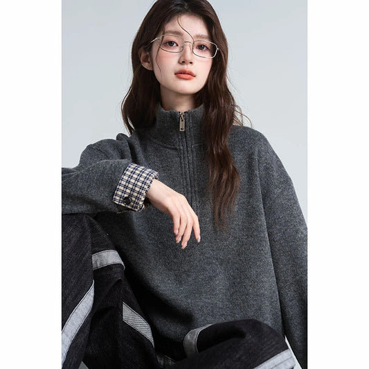 Standing Collar Padded Zipper Sweater